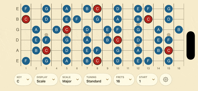 FretBud fretboard showing scale visualization
