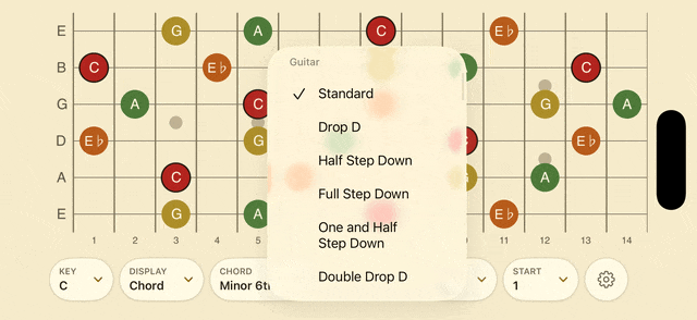FretBud built-in tuning selection menu