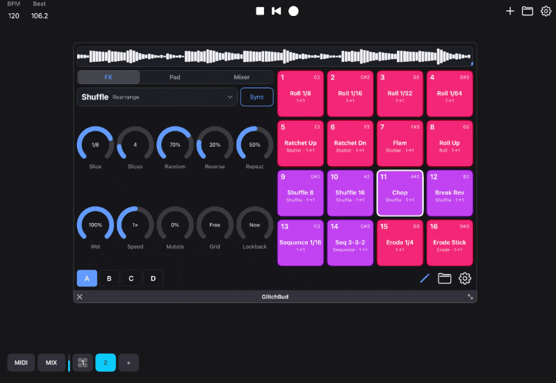 GlitchBud's FX tab with the effect picker, the effect knobs and the step pattern