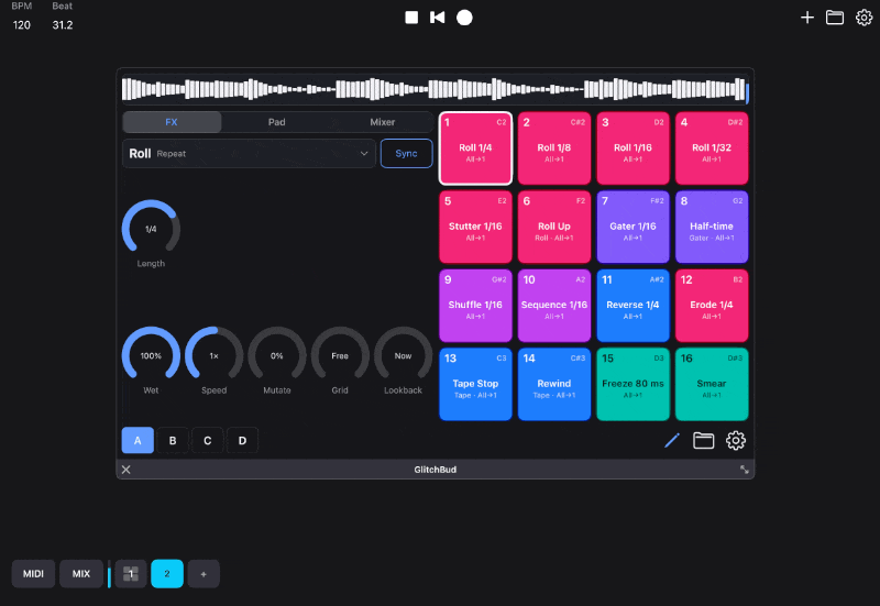 GlitchBud's pad grid with the four pattern pages and latched pads that play