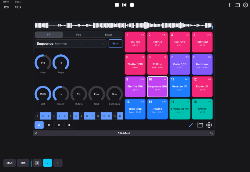 GlitchBud's Pad tab with the input and output routing of a pad across 8 stereo buses