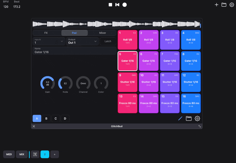 A Stems effect in GlitchBud with one waveform color for each input