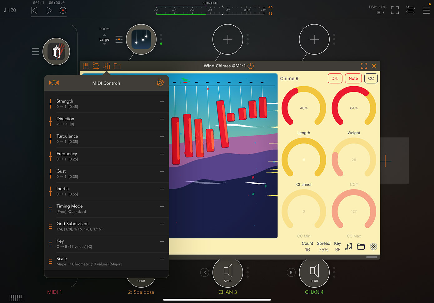 Wind Chimes running as an AUv3 plugin with automatable parameters in a host