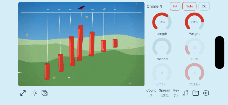 Per-chime Length and Weight knobs shaping an individual chime's physical behavior