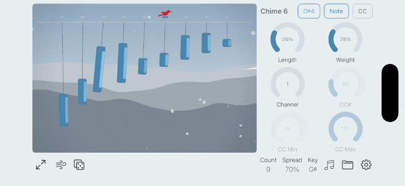 Per-chime note and MIDI CC modulation controls in Wind Chimes