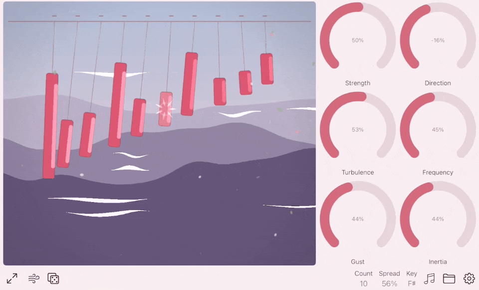 Wind Chimes' simulated row of graduated chimes colliding under a generative wind field